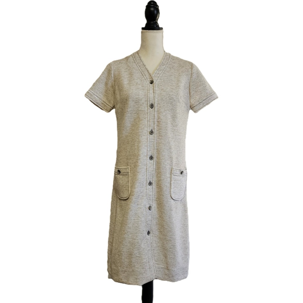 Vintage 60s Button Front Knit Dress Size 14 Neutral Mad Men Office Preppy Twee